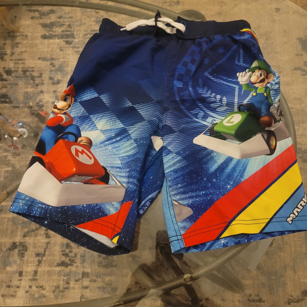 Nintendo Blue and Red Swim Trunks with Cartoon Print